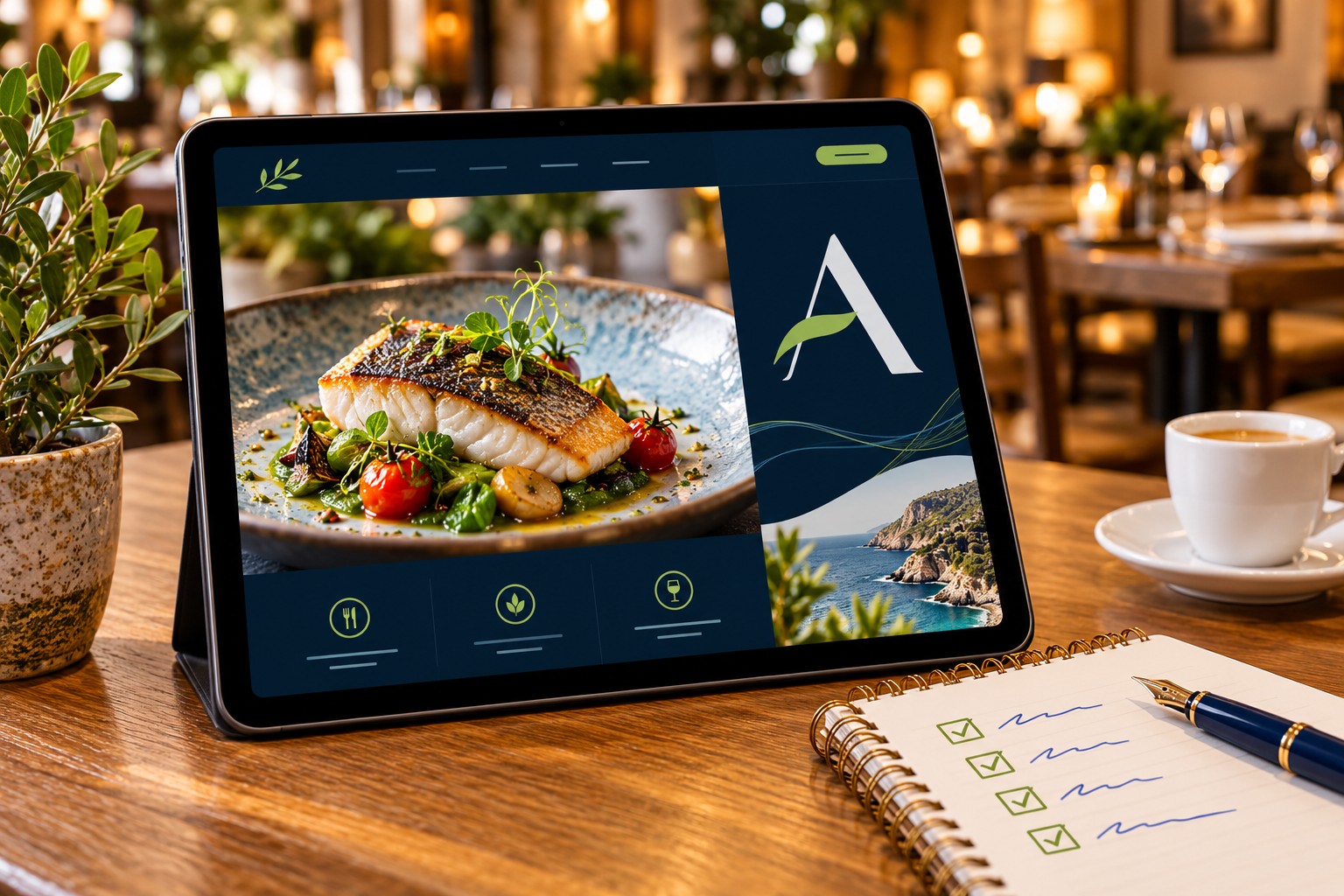Tablet con una web de restaurante y cuaderno para planificar las prioridades digitales